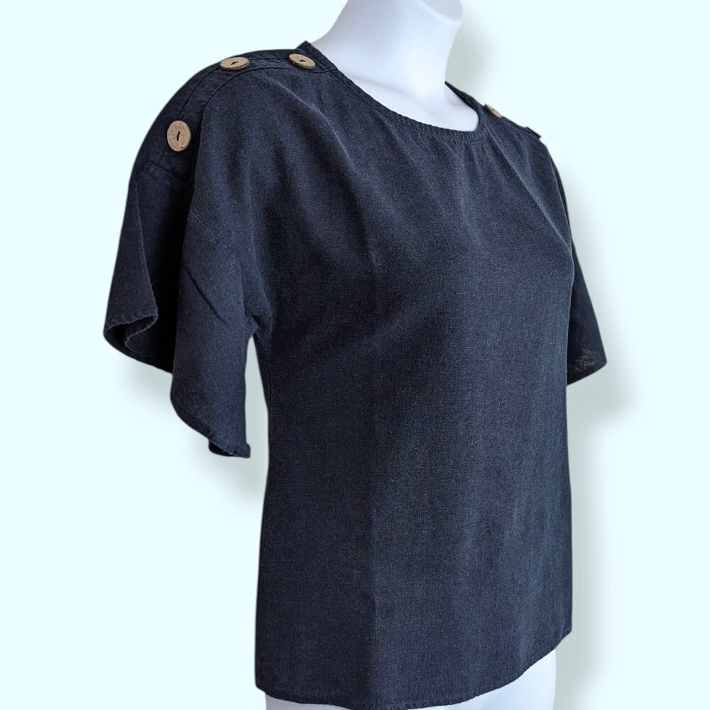 Ellen Tracy Navy Linen Blend Button Top